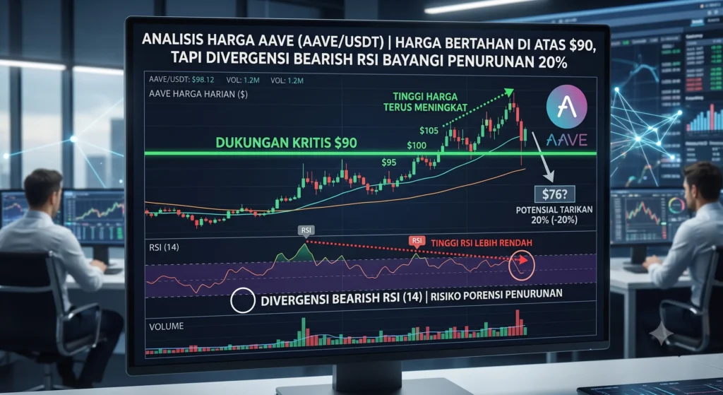Harga Aave Bertahan di Atas US$90, tapi Divergensi Bearish RSI Bayangi Potensi Penurunan 20%